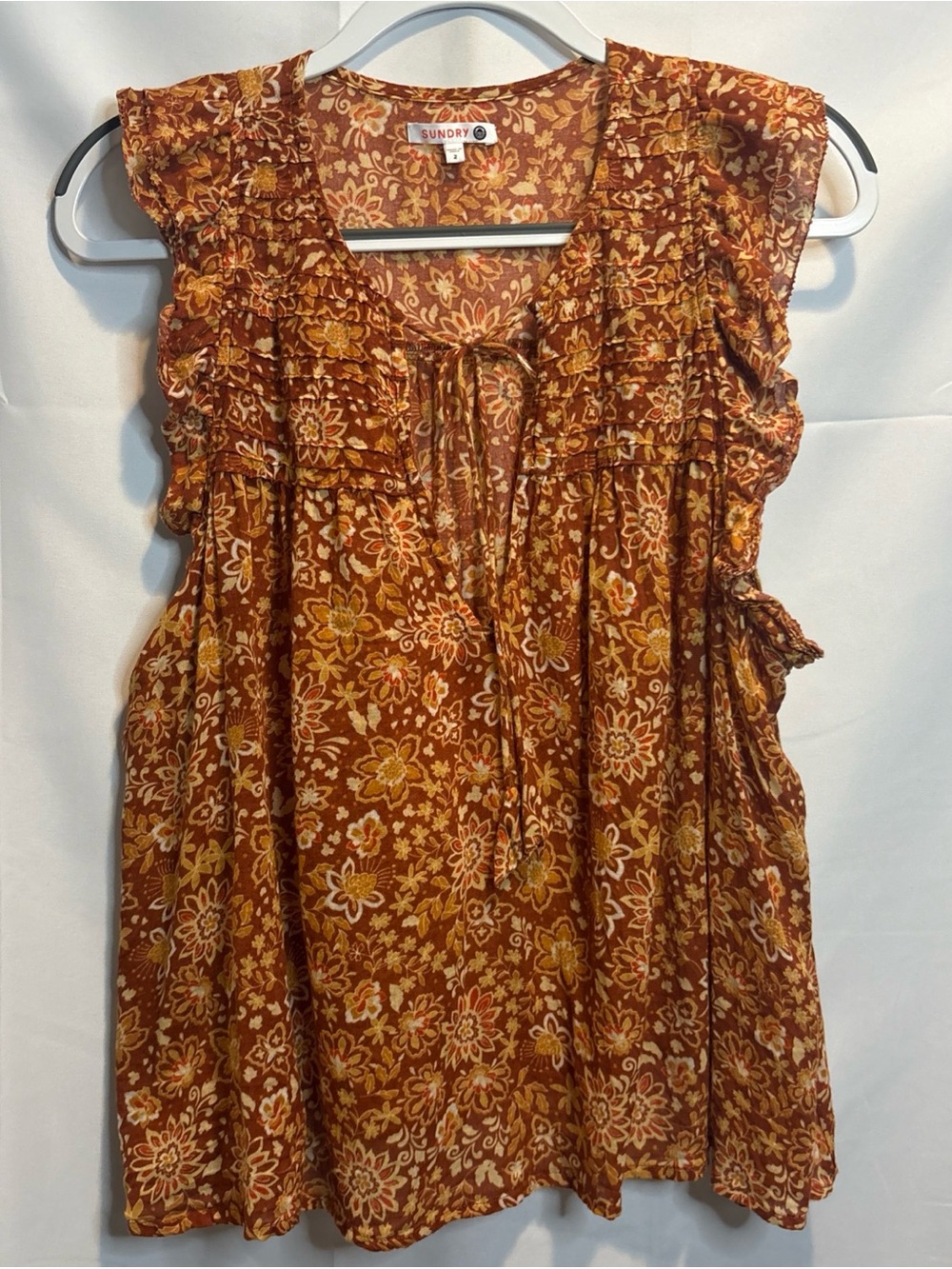 Sundry Rust and Mustard Floral Ruffle Tie-Front Sleeveless Blouse